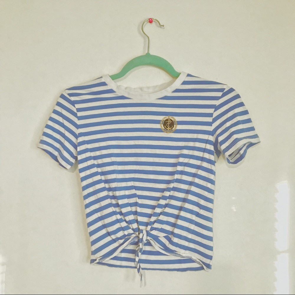 blue and white striped crop top